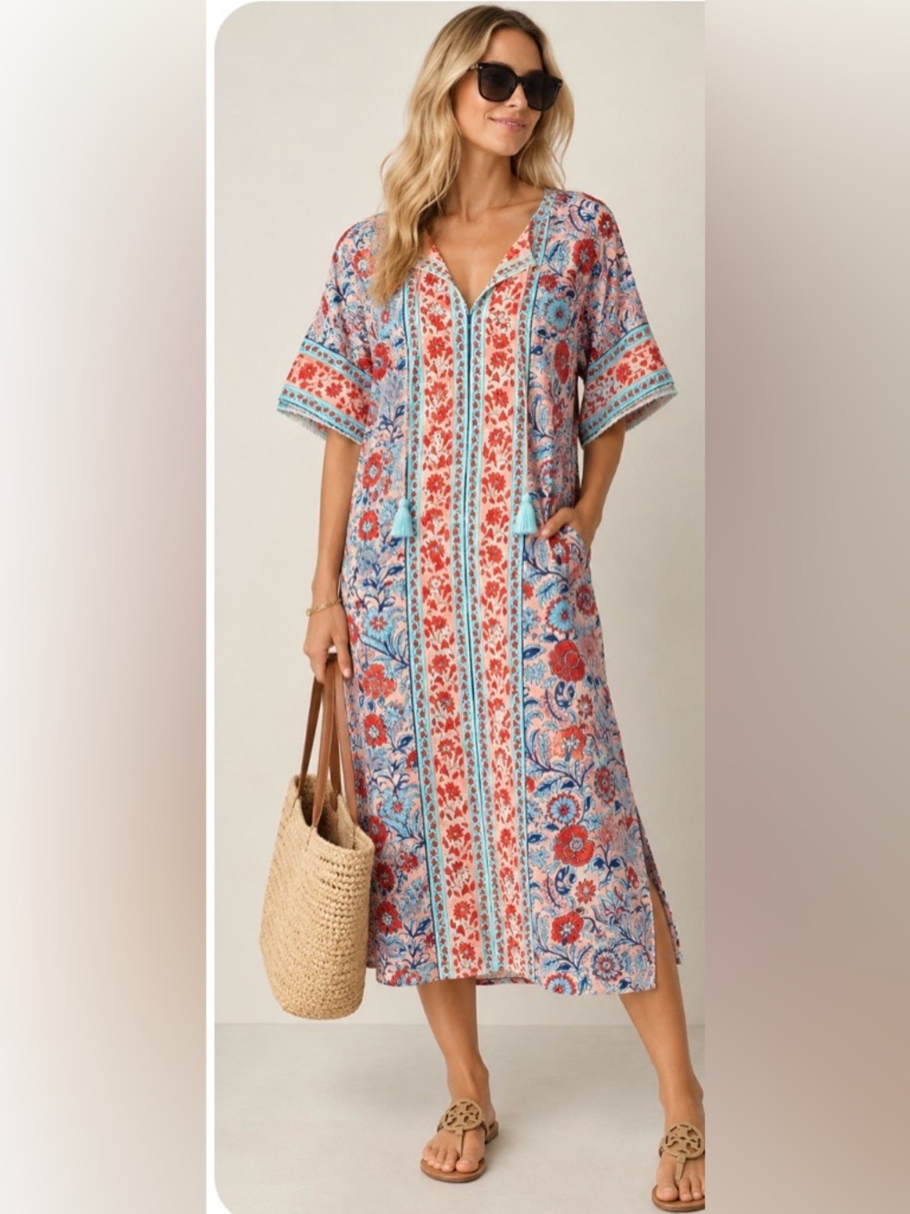 Tuckernuck Turquoise & Red V-Neck Floral Caftan Dress -  Cover Up